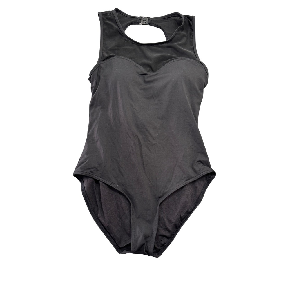 Niptuck Swim Black Mesh High Neck One Piece Swimsuit Multi Fit Cup Size US 6